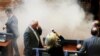 Kosovo -- Teargas is seen released in Kosovo parliament in Pristina, October 15, 2015